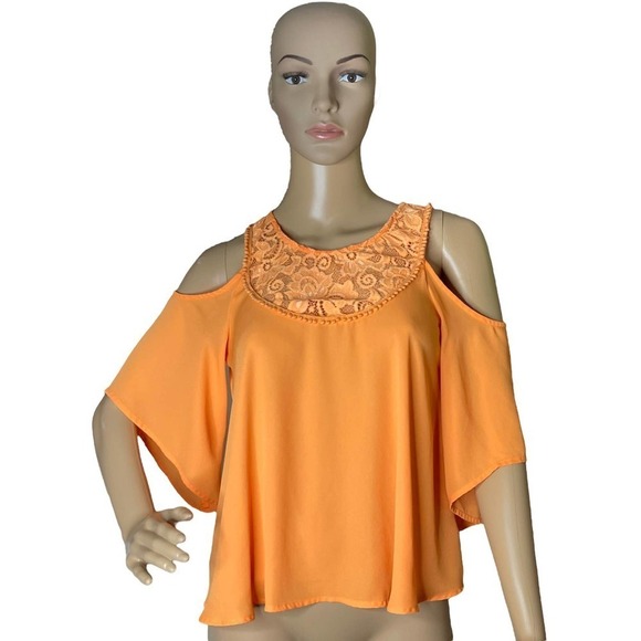 Decree‎ Women's Orange Lace Detail Blouse Flared Sleeves Size Medium Lightweight - Picture 1 of 9